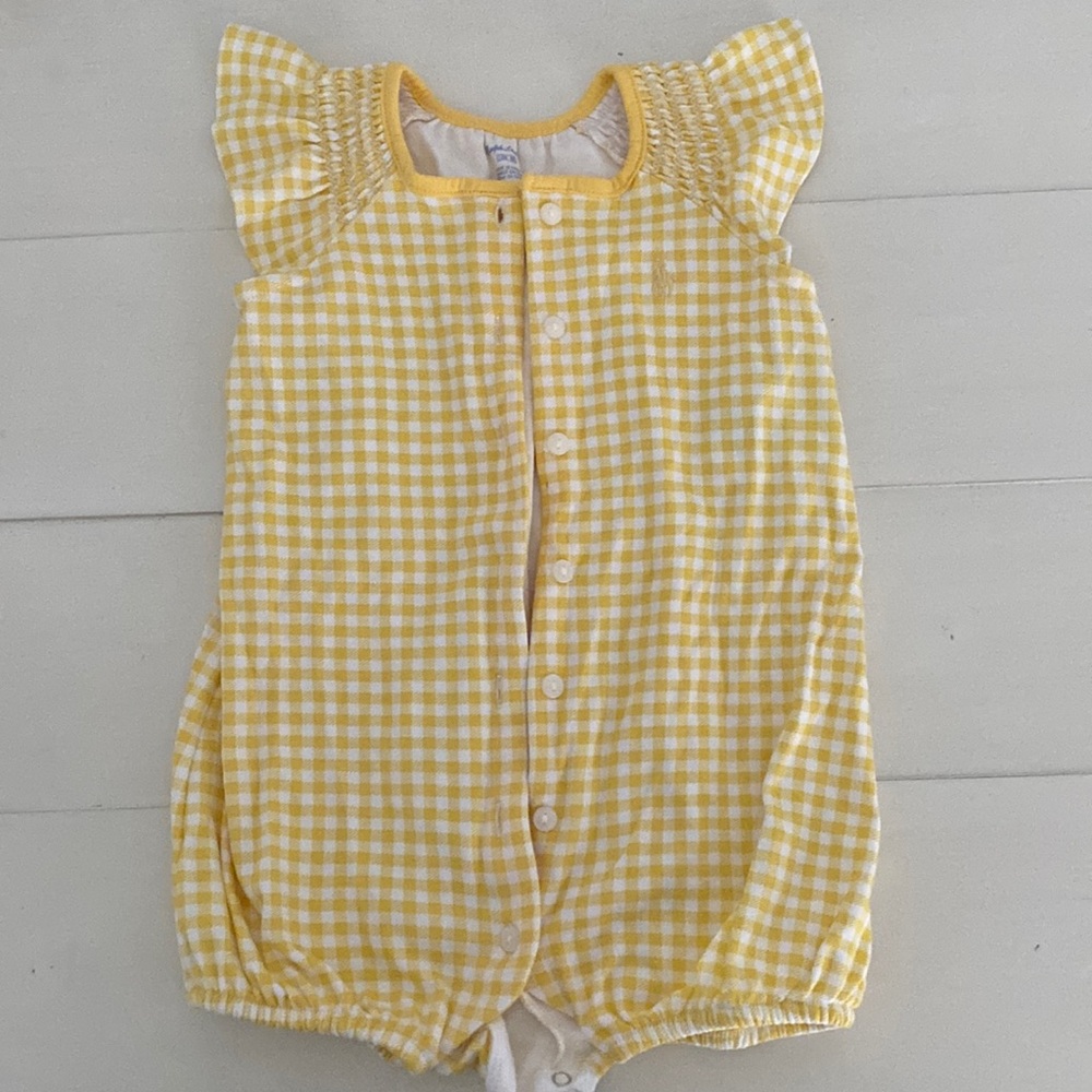 Ralph Lauren yellow gingham one piece w ruffle sleeves, bloomer shorts 12M